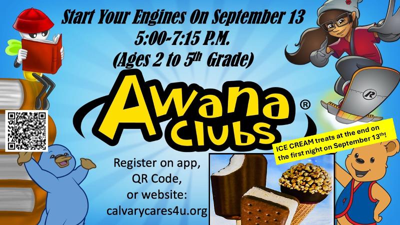AWANA:  weekly gathering with food, rec, awards, new friends, presenting a Christmas play, Grand Prix race, learning God's Word and more! event flyer