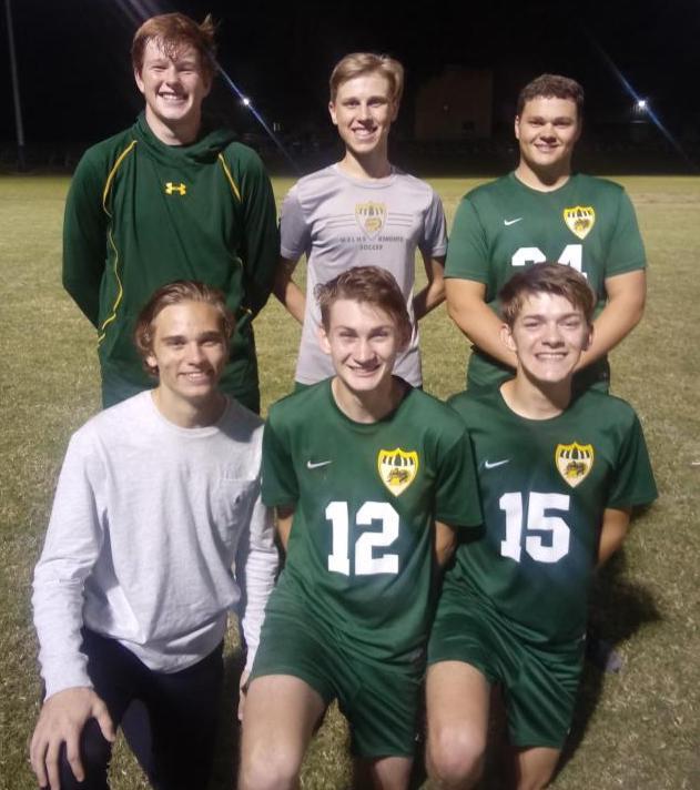 Metro-East Lutheran soccer seniors are front row (L-R) Christian Brown, Noah Landets, Logan McDaniel. Back row (L-R) Nolan Gutjahr, Brent Woolsey and Andrew Masters.