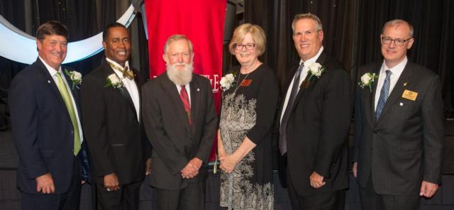 (L-R) : SIUE Alumni Hall of Fame members Greg Moats, Robert Mock Jr., Bob McClellan, Dr. Anne Perry, Tom Schamberger and Matt Samsel.