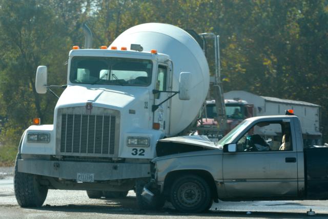 An up close view of the pickup truck vs. concrete mixer truck accident on Monday morning.