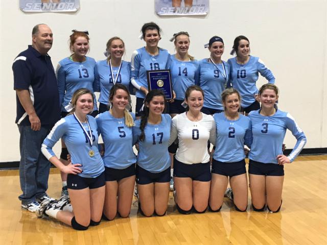 Jersey's volleyball players, front row, left to right: Madisyn Carpenter, Kaitlyn Stellhorn, Sara Lamer, Katelyn Walker, Maddie Nason and Alexis Liles. Back row: Coach Bob Siemer, Hannah Jones, Samantha Ayres, Faith Franke, Lauren Brown, Jessica Vetter and Abby Manns.