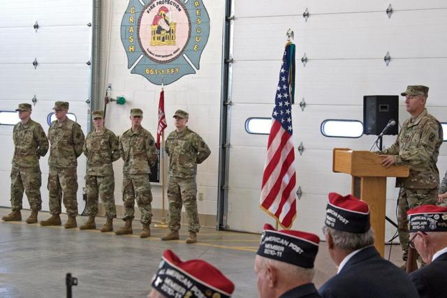 Staff Sgt. James Cissel of Evansville, Illinois, addresses family, friends and colleagues at the 661st Engineer Detachment Firefighting Team's deployment ceremony in Sparta, Illinois, Oct. 18. Cissel is the commander of the six-Soldier team deploying to Iraq to conduct base firefighting operations in support of Operation Inherent Resolve. (U.S. Army photo by Sgt. 1st Class Bryan Spreitzer, Illinois National Guard Public Affairs)