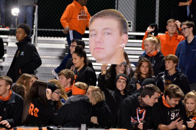 This Tiger fan was proud off his life-like sign on Friday night in the Edwardsville cheering section. (Photo by Dan Brannan)