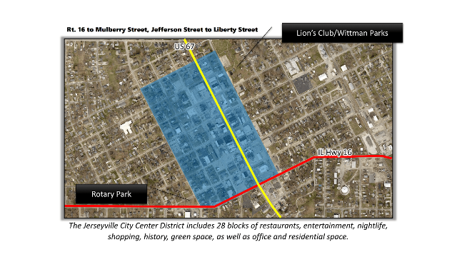 This topographical map outlines the location and boundaries encompassed by the newly formed Jerseyville Historic City Center District. Its northern border is outlined by Mulberry Street, with Illinois Route 16 as its southern border, Jefferson Street along its east side, and Liberty Street to the west. The district includes the existing Lion’s Club/Wittman Parks as well as Rotary Park, with a new mini-park and enhanced greenspace planned for development as well.