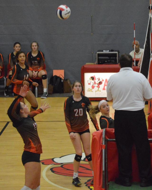 Rachel Pranger on a spike. Pranger had 10 kills in the regional title game against Quincy on Thursday night.