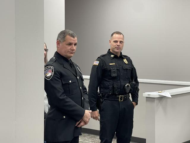 Newly promoted Jerseyville Police Sergeant Travis Liles (left) and Police Chief Danny Green (right).