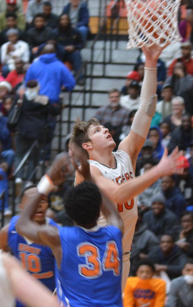 Edwardsville's Nathan Kolesa's hustle and determination on defense were keys all night for the Tigers against the Flyers. (Photo by Dan Brannan)