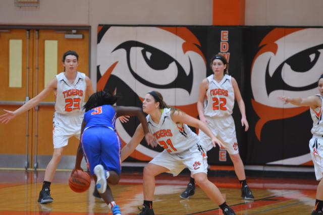 Rachel Pranger played tenacious defense for the Tigers in their win over East St. Louis. (Photo by Dan Brannan)