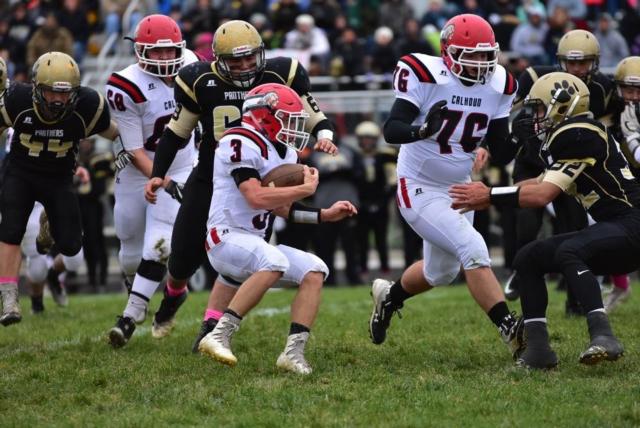 Cole Lammy goes for a solid gain against Camp Point Central this past Saturday.