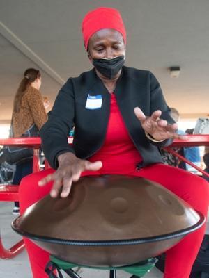 During the ECC&rsquo;s fall welcome event, Diane Rogers, grandmother of Yara Dorsey, played a Hand Pan Drum, and let the kids try it, too.