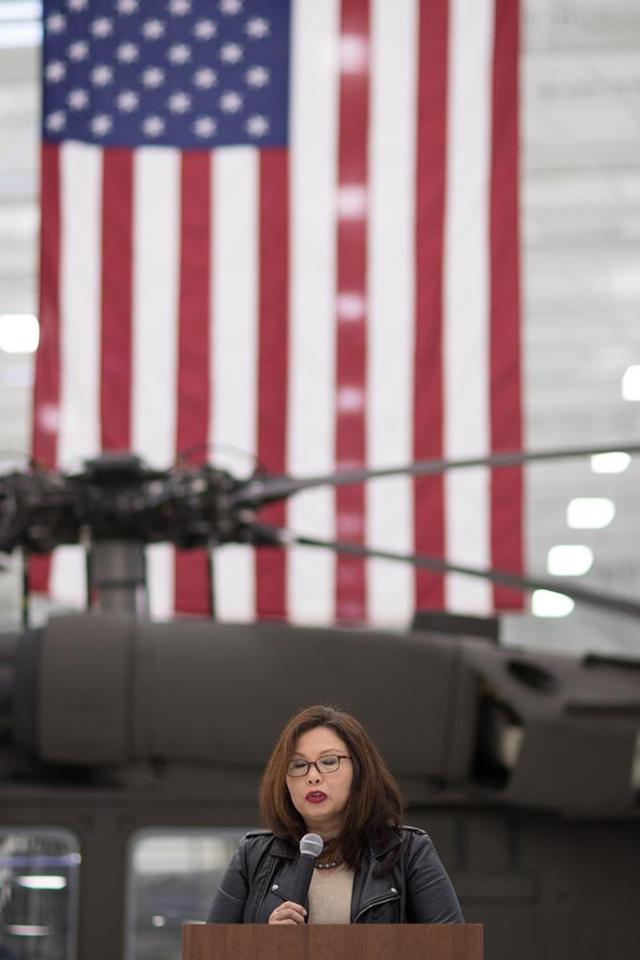 Sen. Tammy Duckworth speaks at the Ribbon cutting for the Illinois Army National Guard's new Kankakee Army Aviation Support Facility and readiness center Nov. 4, 2017. Duckworth is a combat veteran of the Illinois Army National Guard and a former Blackhawk pilot with the 106th Aviation Regiment. (U.S. Army photo by Sgt. 1st Class Bryan Spreitzer, Illinois National Guard Public Affairs)