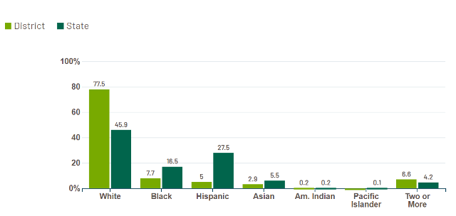 The racial/ethnic makeup of ECUSD7 compared to the state average in 2023. Photo courtesy of Illinois Report Card.