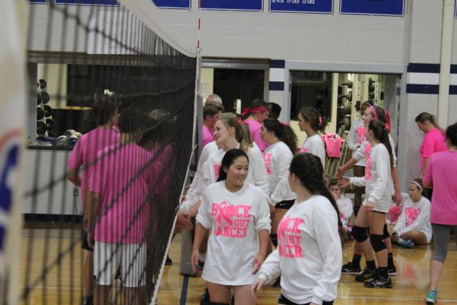 Volleyball players shake hands after the “boys vs. girls” game at the 3rd annual Volley for the Cure at Marquette Catholic High School.