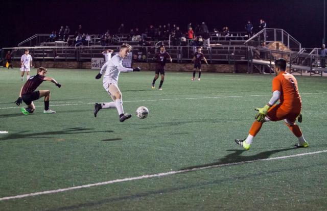 Trailblazer Blake Cearns scores the golden goal during overtime against Hill College to win 2-1 in pool play at the NJCAA National Championship Tournament in Virginia. Photo by Louise Jett, L&C Media Specialist