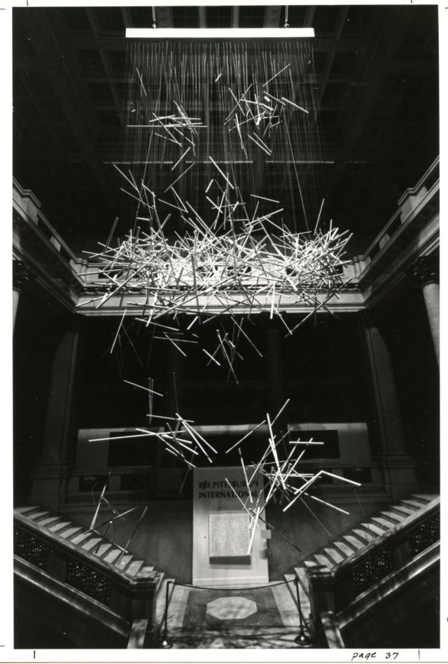 The Plumb-Bob was displayed at the Carnegie Museum of Art in Pittsburgh. There, it extended 40 feet. Kobashi designed the sculpture in a manner that it could be rearranged.