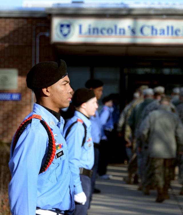 Tobeyah Snipes, of Chicago, a cadet and the student corps commander at Lincoln's Challenge Academy in Rantoul, Illinois, smiles as he recounts his reasons for coming to LCA. Snipes said he volunteered to come to LCA to "get back on track and make my mom proud of me again." The academy's mission focuses on youth like Snipes and helps them find direction and accomplish goals. (U.S. Army photo by Staff Sgt. Bryan Spreitzer, Illinois National Guard Public Affairs)