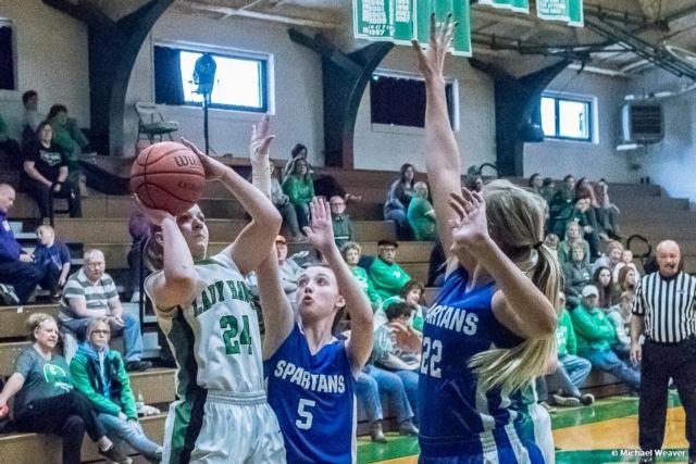 Carrollton's Hannah Krumwiede hits a basket in a game against North Greene on Saturday. (Photo courtesy of Michael Weaver)