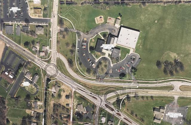 An overlay of the double-roundabout project near the intersection of Route 3 and Pierce Lane in Godfrey