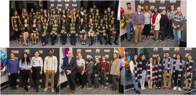 SIUE&rsquo;s Kimmel Belonging and Engagement Hub hosted five affinity graduations last week. Shown top left to right are Black Graduation and Non-Traditional Student Graduation. Bottom left to right are API/APIDA Graduation, Lavender Graduation and Hispanic/Latinx Graduation. 
