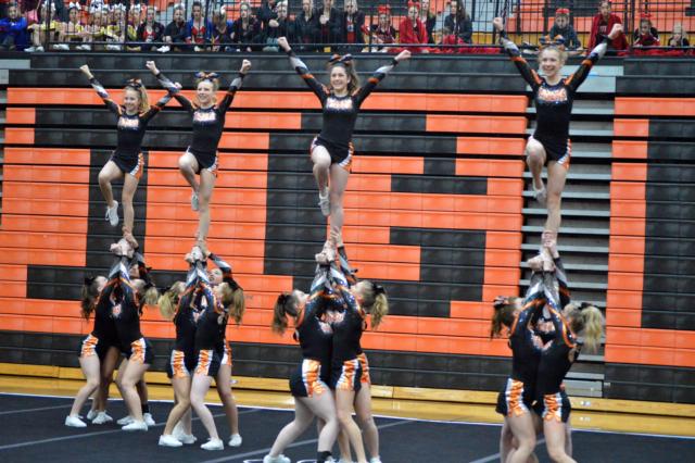 The champion Edwardsville varsity Tigers cheerleaders in perfect formation. (Photo by Brent Feeney)