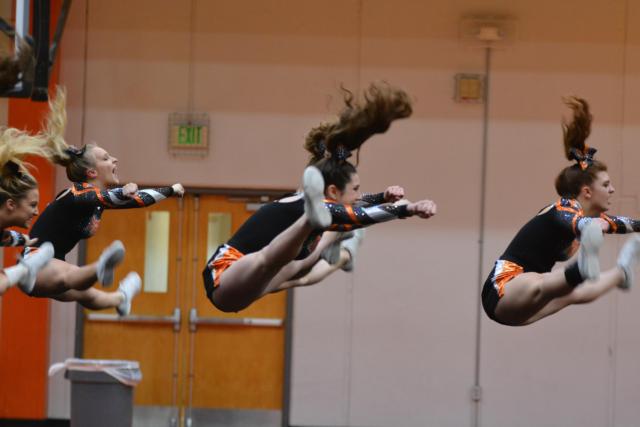 Edwardsville cheerleaders sky high in the air during a stunt. (Photo by Dan Brannan)