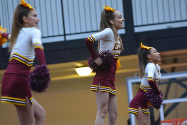 East Alton-Wood River girls in one of their cheers. (Photo by Dan Brannan)