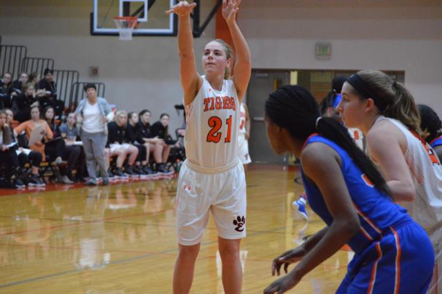 The Tigers' Rachel Pranger at the free-throw line. (Photo by Brent Feeney)