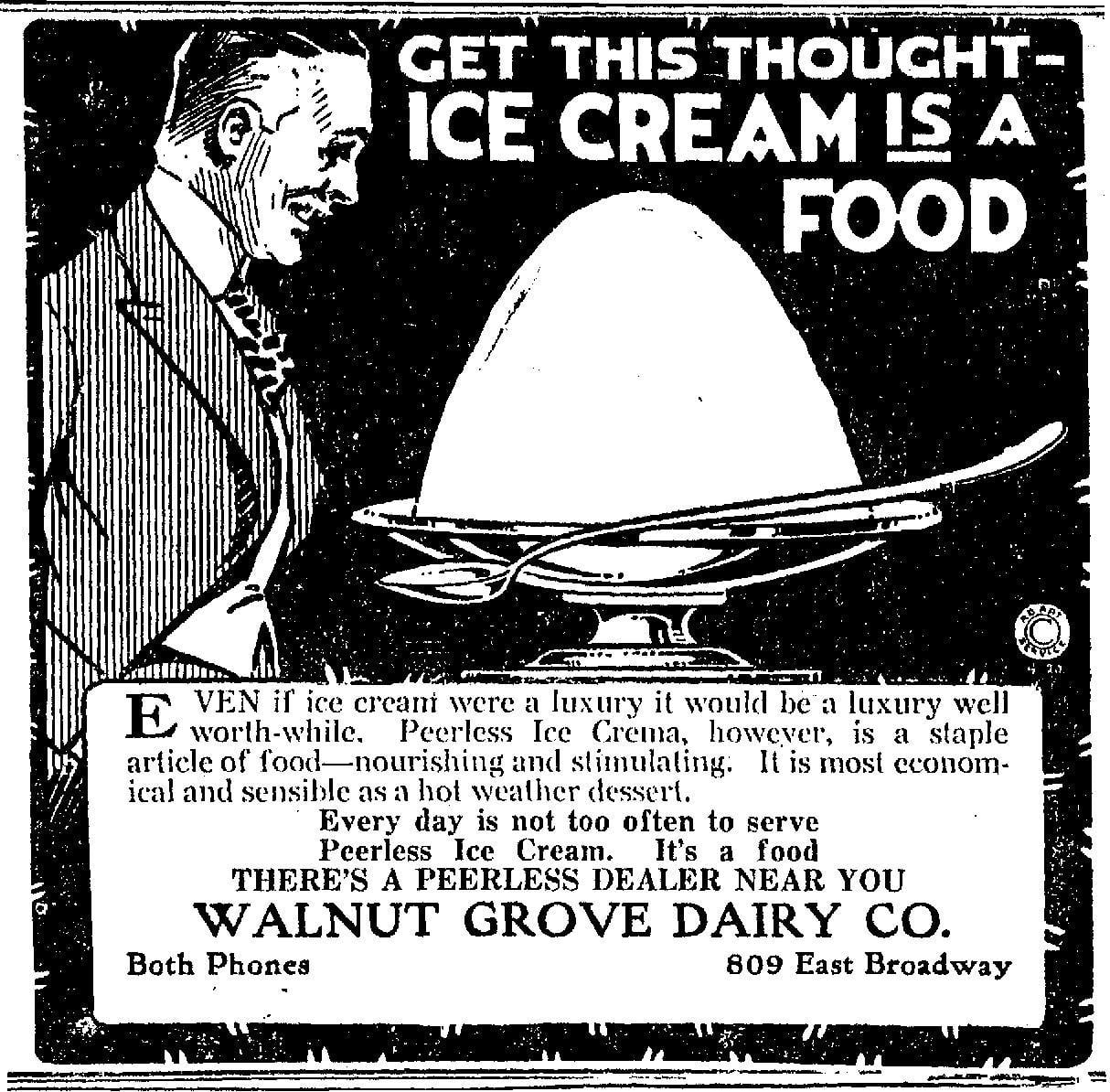 Walnut Grove Dairy Ice Cream advertisement, Alton Evening Telegraph, September 14, 1920