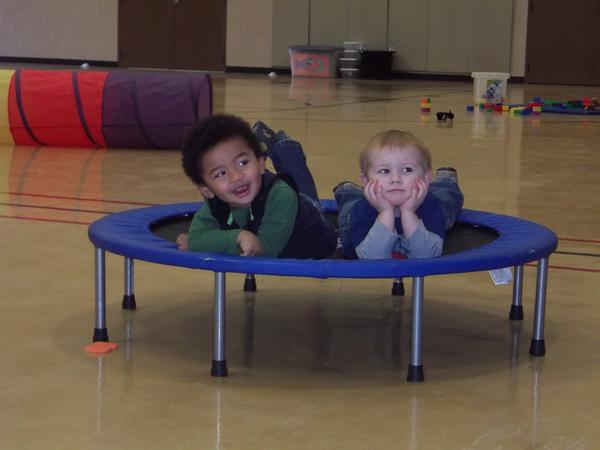 Tristen Shirrell and Sawyer Abbott, both 2 years old and from Godfrey, are just hanging out on the trampoline at Jerseyville Parks and Recreation Department (JPRD) Toddler Time on Friday, January 3 at the Susnig Center, located at 401 Mound Street, Jerseyville, Illinois.