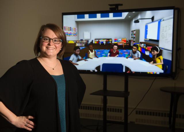 Standing in SIUE’s virtual learning environment is Anni Reinking, EdD, assistant professor in the School of Education, Health and Human Behavior’s Department of Teaching and Learning.