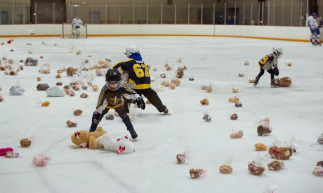 Twin Bridge Lightning youth team pick up donated teddy bears from the ice at the SIUE Club Hockey team’s second annual teddy bear toss vs. Kentucky on Jan. 25.
