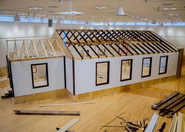 An adaptation of Rocky Fork New Bethel African Methodist Episcopal (AME) Church is currently being constructed in the Hatheway Cultural Center Gallery for the Rocky Fork Exhibit. The AME church served as a focal point for the community and survives today. Photo by Louise Jett, L&C Media Specialist