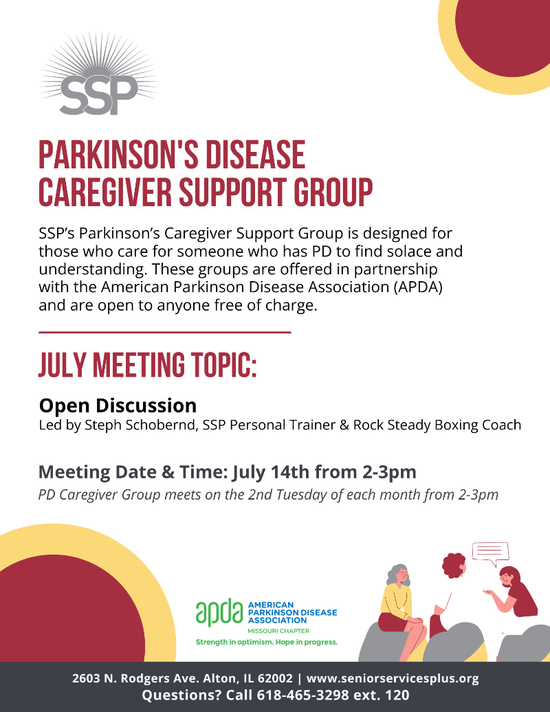 Parkinson's Caregiver Support Group at Senior Services Plus - July 14th event flyer