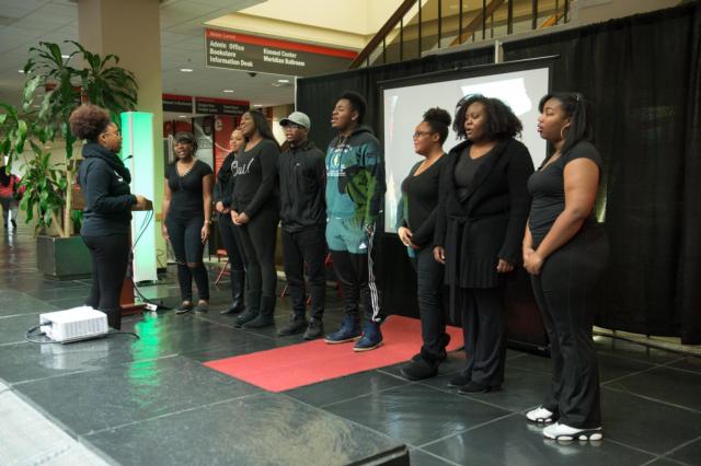 The SIUE Gospel Choir performs the Black National Anthem during the event.