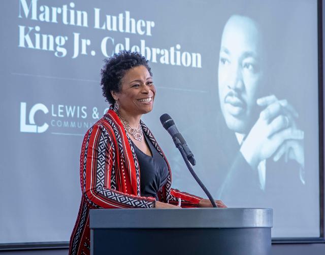 Rev. Shelia Goins addressed a room full of students, faculty and staff at the recent Dr. Martin Luther King Jr. Celebration. (Photo by Jan Dona)