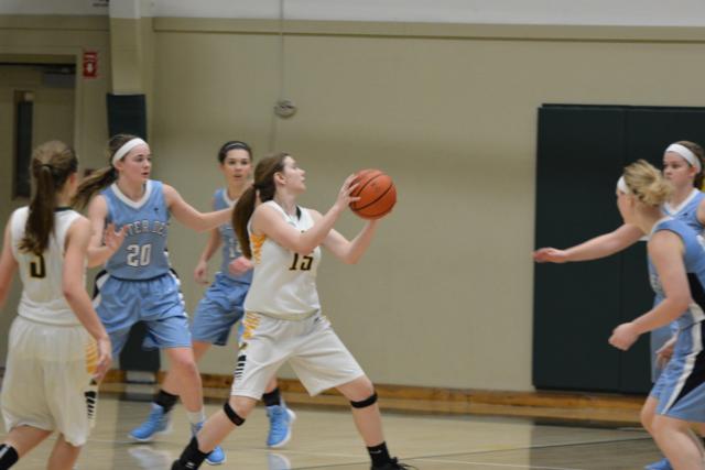 Metro East Lutheran freshman Taylor Bradley moves to the basket against her Breese Mater Dei opponents. (Photo by Dan Brannan)