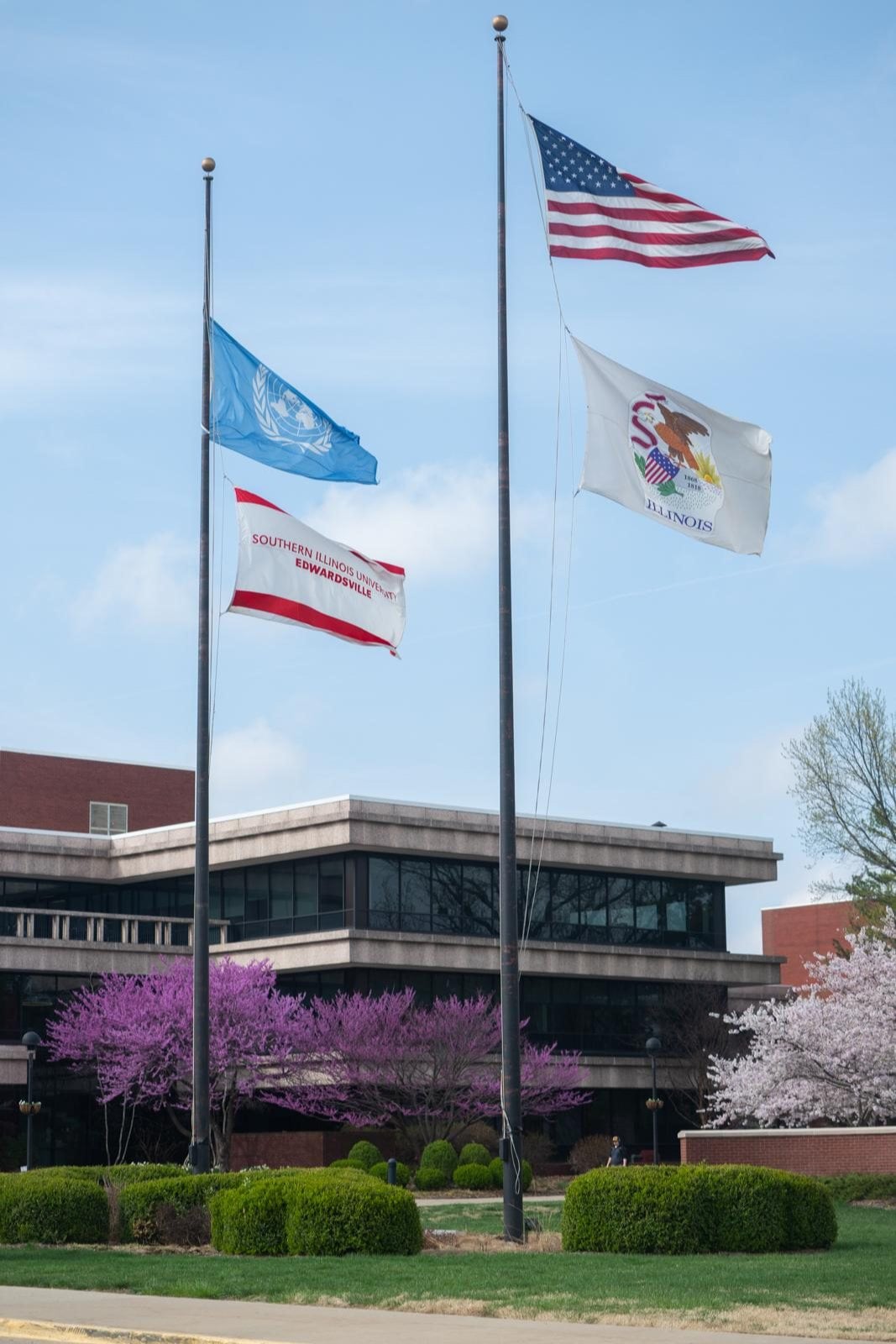 The flags above Hairpin Dr. at Southern Illinois University Edwardsville