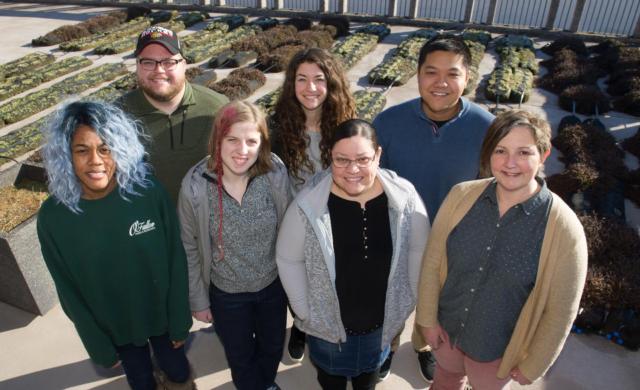 SIUE’s Dr. Jessica DeSpain (far right) stands with students who are helping make the Market on Wheels come to fruition in her literature and sustainability course. (L-R) Kenyatta Simpson, Zack Gondek, Lydia Friz, Olivia Russell, Luz Martinez and Steven Shouldis.