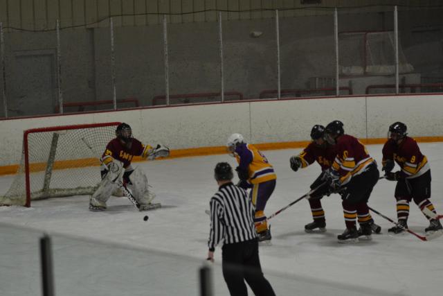East Alton-Wood River goal tender Blake Stone prepares to stop a puck in Thursday night's hockey playoff game. He stopped all 22 Bethalto shots in the matchup. (Photo by Dan Brannan)