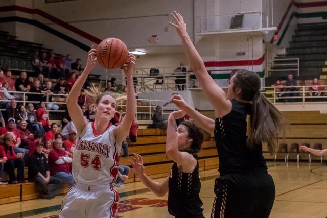 Calhoun's Grace Baalman goes in for two of her 27 points. (Photo courtesy of Michael Weaver)
