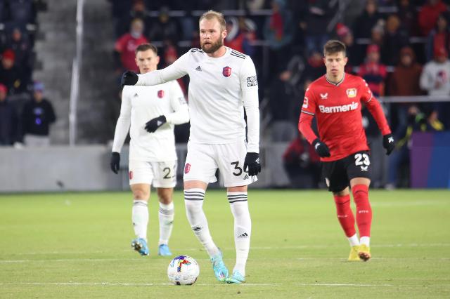 St. Louis City FC striker Joao Klauss de Mello, more simply known as just Klauss, looks up to make a pass in a pre-season friendly against Bayer Leverkusen back on November 16 at CITY PARK. Klauss scored the game-winner in the club’s first-ever win as an MLS side Saturday night in Austin. 