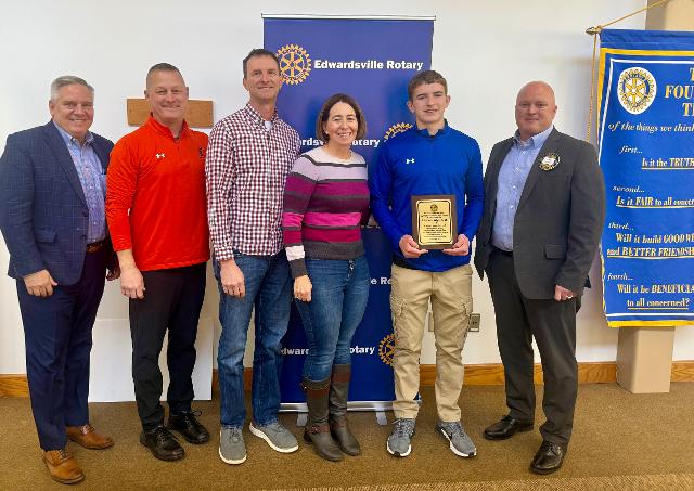 Pictured are from left to right: Dan Abegg - Edwardsville Rotary Club President Sean Saylor - Nominating EHS Teacher, Tony Alwardt - Father of Lincoln, Randi Kay - Mother of Lincoln and Lincoln Alwardt - January Edwardsville Rotary EHS Student of the Month and Abel Anderson - Edwardsville Rotarian.