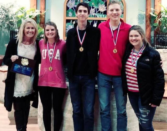 Left to right: Coach Jennifer Kapetanovich and Gifted Olympiad competitors Kadiah Baalman, Alan Wendell, Tom Rexing and Taylor Young.