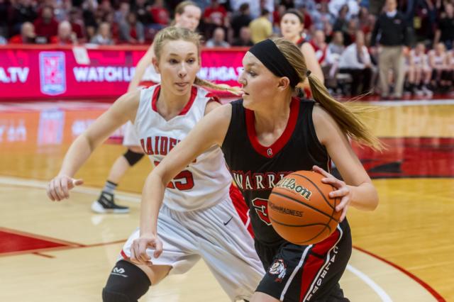 Calhoun's Kassidy Klocke drives the basket Saturday in the state title game. (Photo courtesy of Michael R. Weaver)