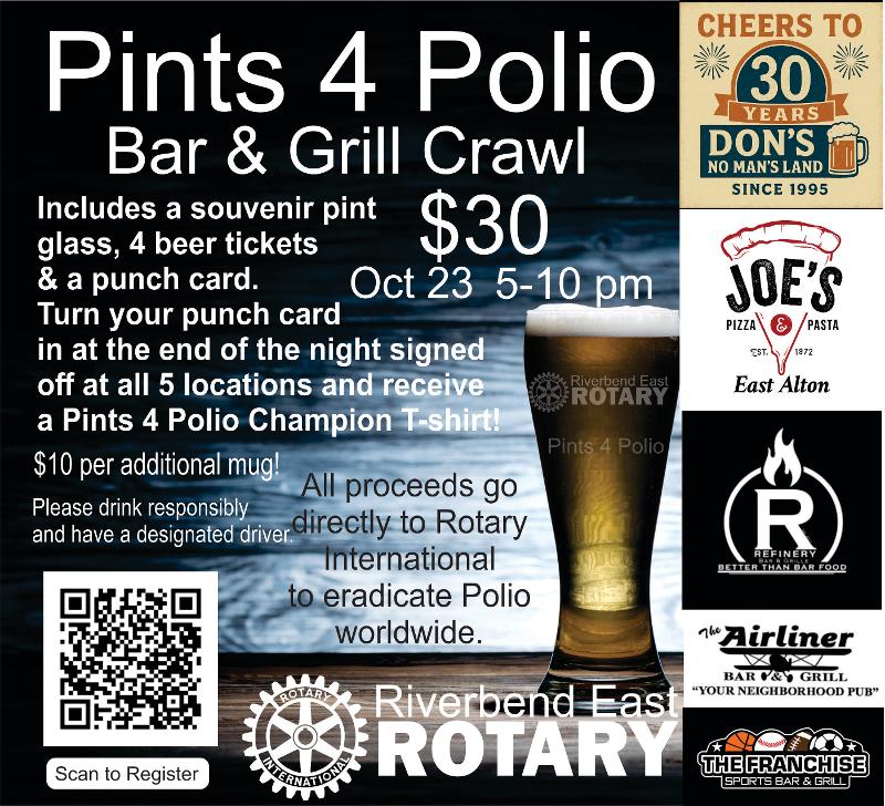 Riverbend East Rotary Club's Pints 4 Polio Bar & Grill Crawl event flyer