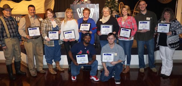 The Emergency Department GDP Team, winners of the Virginia Ilch Excellence in Quality Award, with AMH President at the far left. Team members present at the banquet included, standing left to right, Jason Bowman, Cindy Bray, Ruth Tepen, Cathy Storey, Tammy Merritt, Elisa Fessler, Aaron Valleroy and Angie Eberhart; seated left to right, Travis Moore and Mike Wilfong. Other team members include Tammy Amizich, Heather Bowker, Tonisha Bell, Meredith Parker, Amanda Dobbs, Becky Miller, Octavia Tickner, Dr. Angela Holbrook, Brad Goacher, Amy Schuler and Teresa Depper.