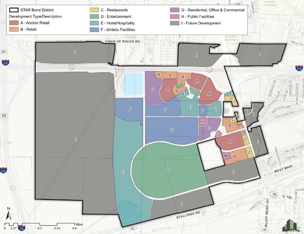 A concept map prepared by Moran Economic Development showing various developments that could be built within the STAR Bond District boundaries recently approved by the Glen Carbon Village Board.