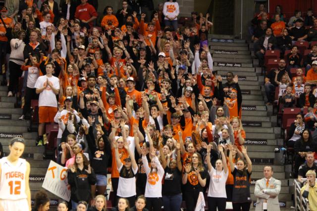 The Edwardsville fan section was packed to the brim, filling parts of Redbird Arena with a sea of black and orange. 