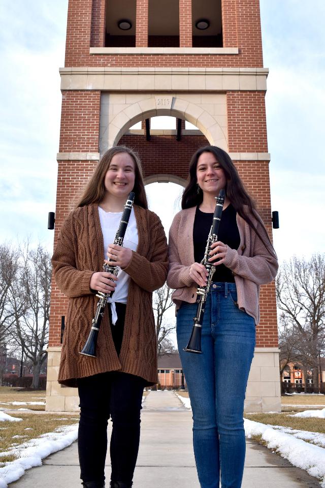Greenville University band students (left) Kennedy Gerton of Springfield, Illinois, and (right) Meghan Garmon of Hillsboro, Illinois.