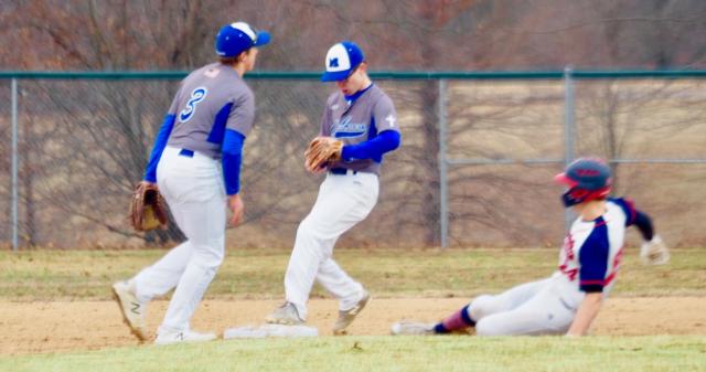 Marquette shortstop Matt Lehr (3) flips the baseball over to second basemen Braden Coles for an inning-ending forceout at second base against the St. Louis Patriots in the first game of the season for the Explorers on Tuesday afternoon at Gordon Moore Park.